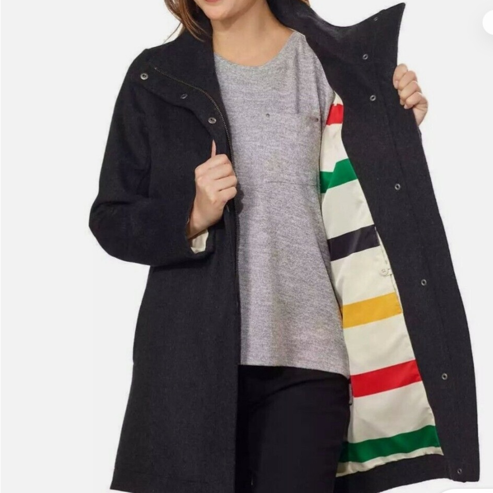 Pendleton Black Wool Pea Coat with Multicolor Striped Lining